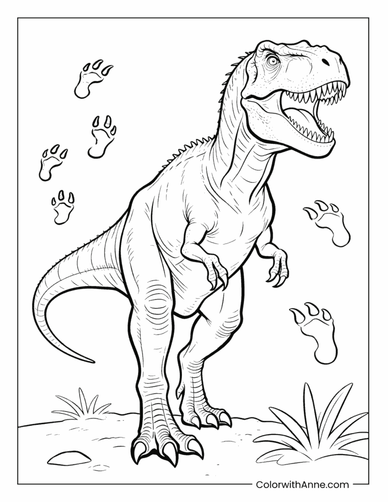 T-rex with Paw Prints and Primitive Plants Coloring Page