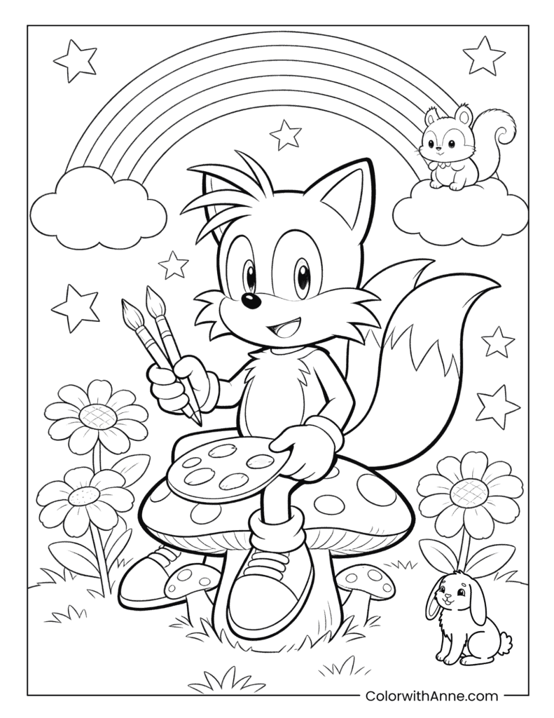 Tails Painting on a Mushroom with Friends and Rainbow Coloring Page