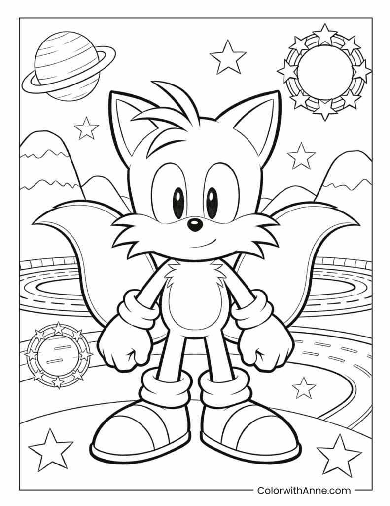 Tails the Fox Standing with Mountains and Rings Coloring Page