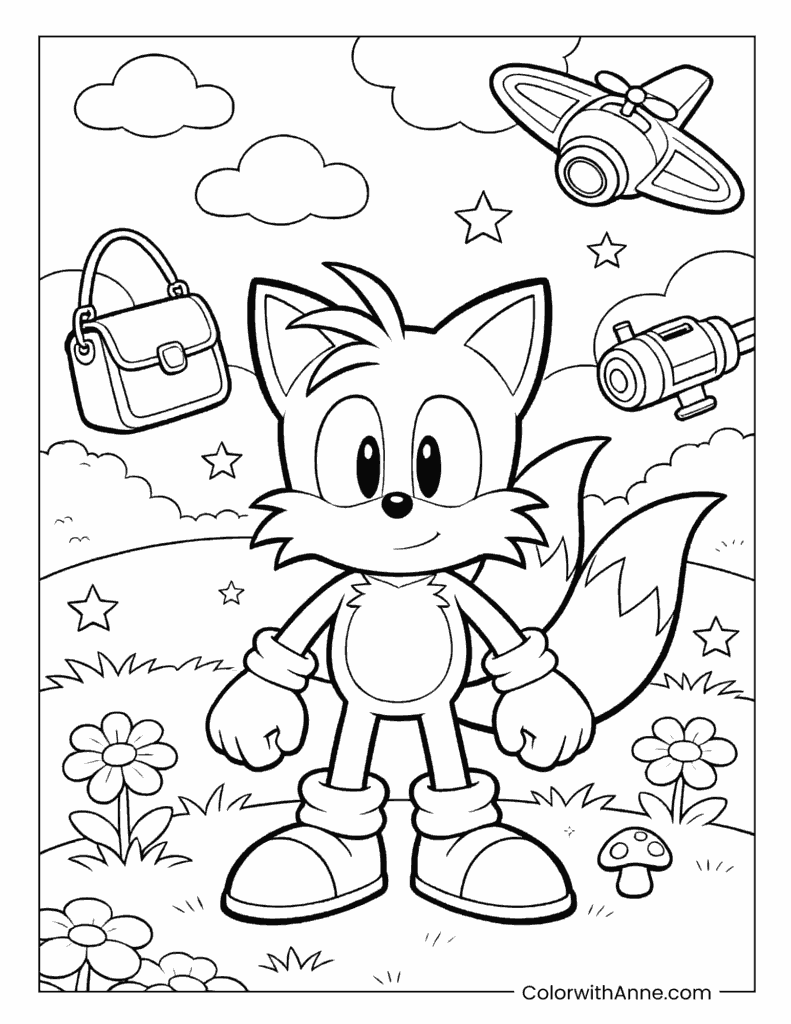 Tails with Adventure Gear and Flying Plane Coloring Page