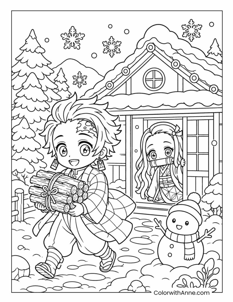 Tanjiro Carrying Firewood with Nezuko and a Snowman Coloring Page