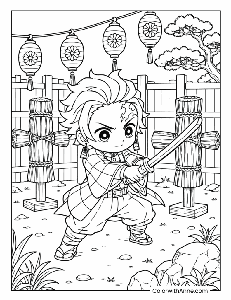 Tanjiro Practicing Sword Skills in the Training Yard Coloring Page