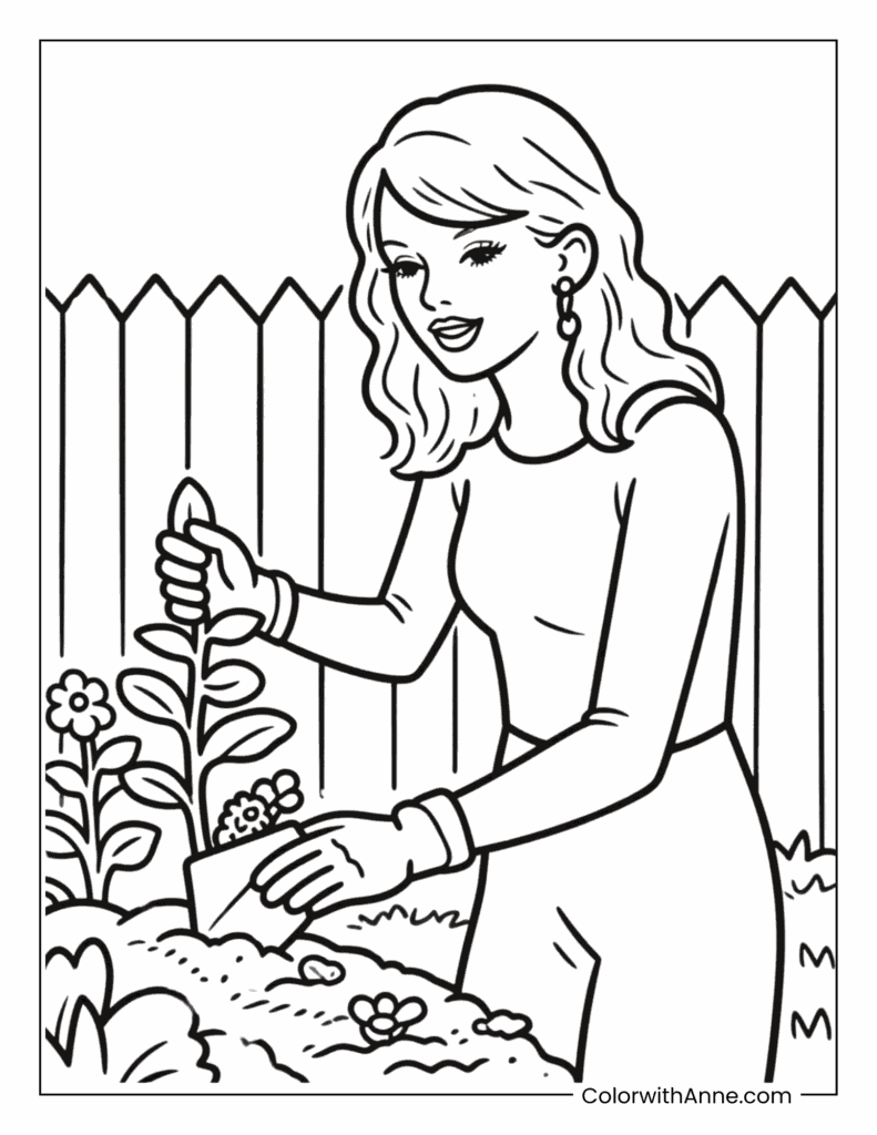 Taylor Swift Gardening in Her Backyard Coloring Page