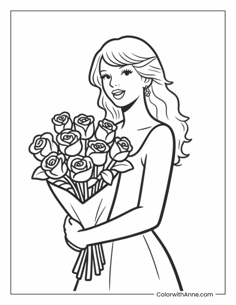Taylor Swift Holding a Rose Bundle Coloring Page