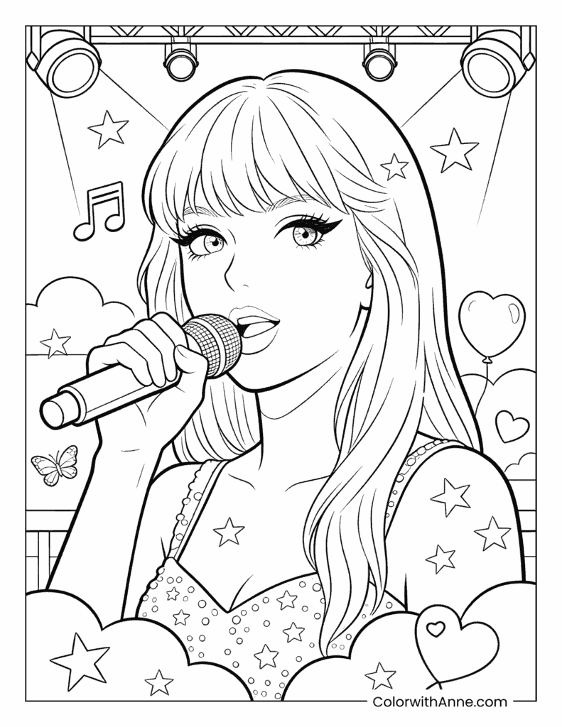 Taylor Swift Performing with Microphone and Stage Lights Coloring Page