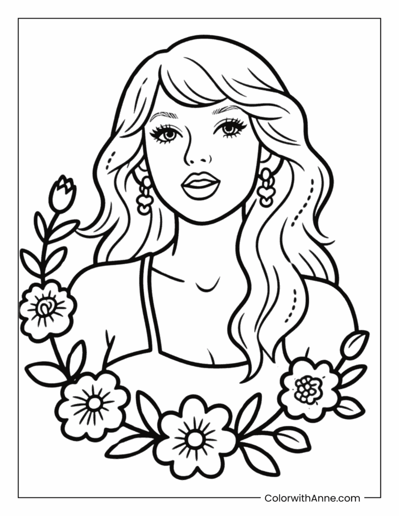 Taylor Swift and Flowers Coloring Page