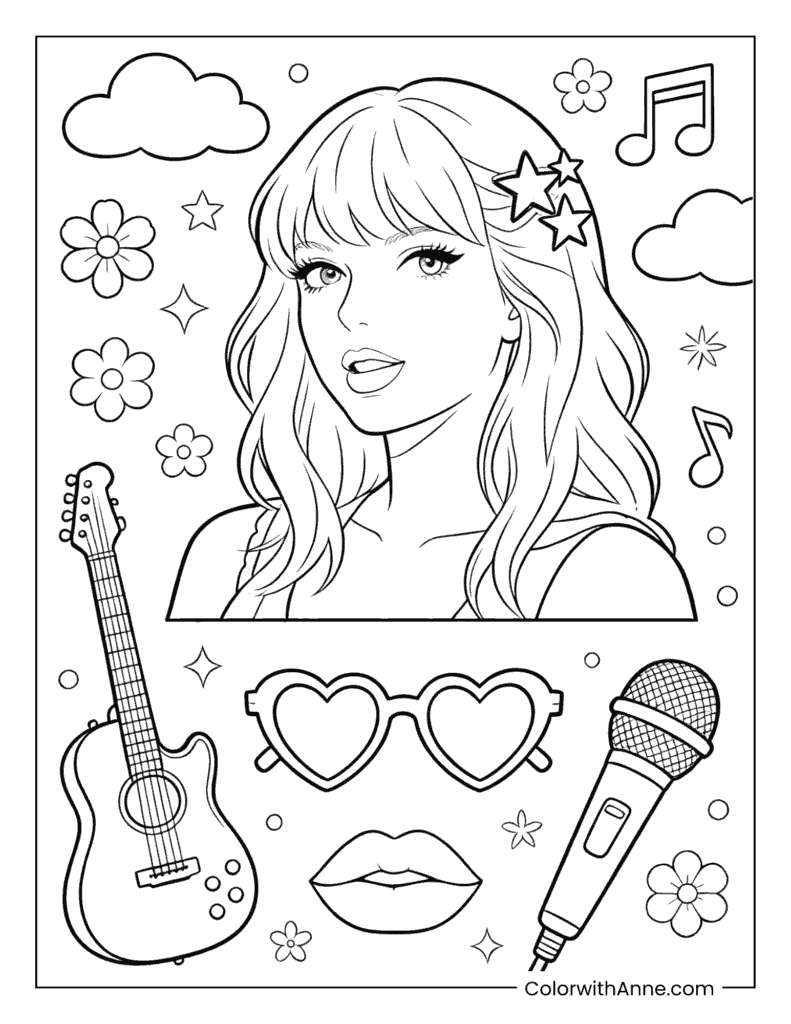 Taylor Swift as a Rockstar with Starry Hair and Musical Symbols Coloring Page