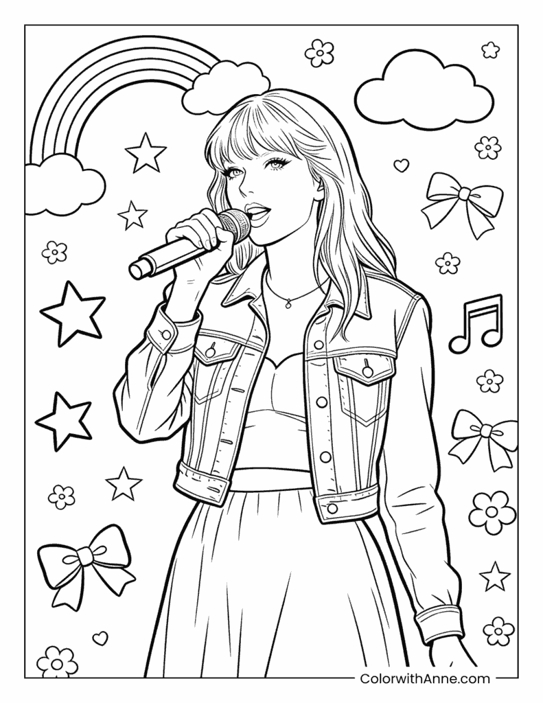 Taylor Swift in Denim with a Rainbow and Musical Notes Coloring Page