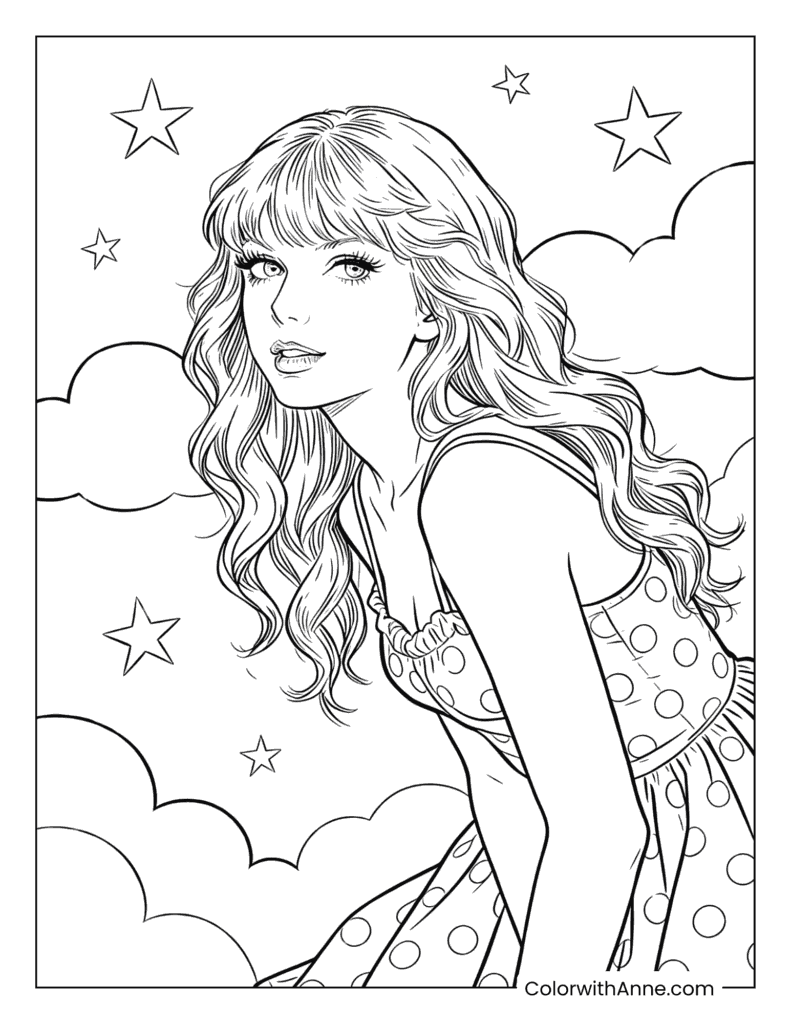 Taylor Swift in a Polka Dot Dress with Dreamy Clouds and Stars Coloring Page