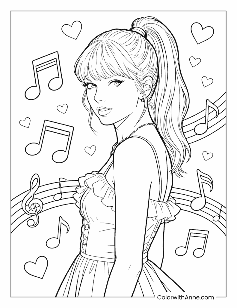 Taylor Swift with a High Ponytail and Musical Hearts Coloring Page
