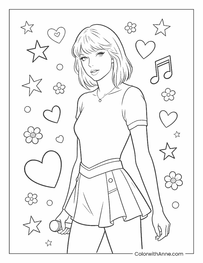 Taylor Swift with a Short Bob Haircut and a Microphone Coloring Page