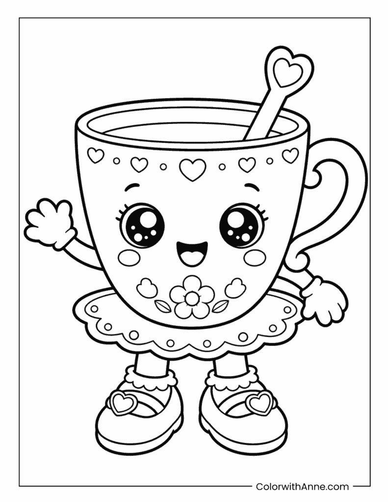 Teacup Kawaii Character Coloring Page
