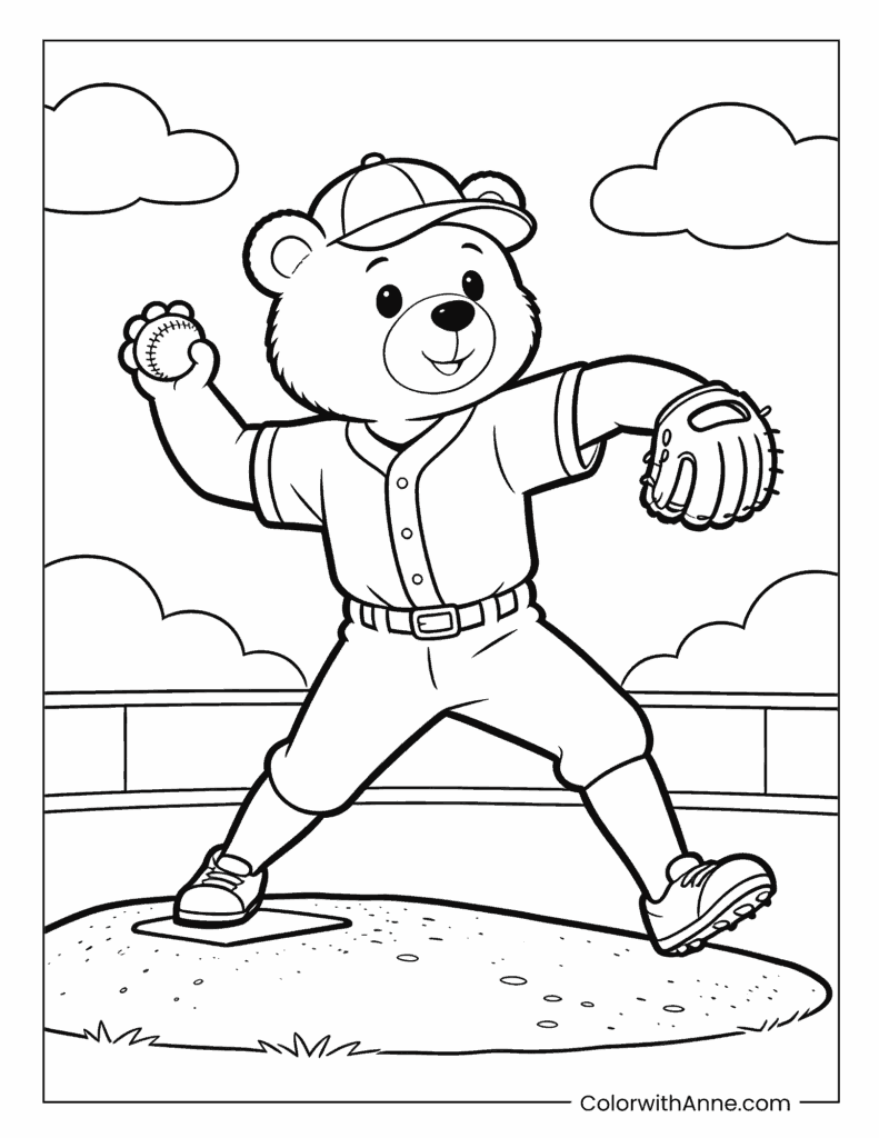 Teddy Bear Baseball Pitcher Coloring Page