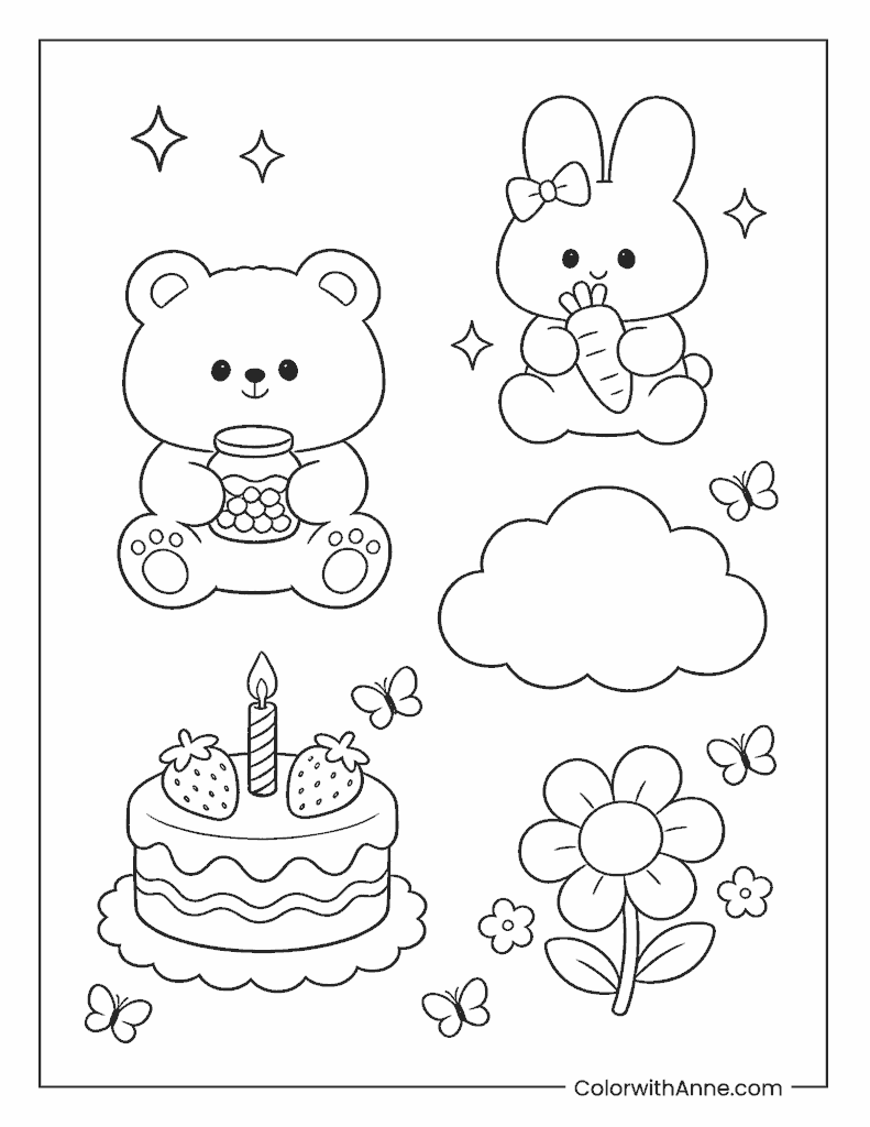 Teddy Bear, Bunny, and Birthday Cake Kawaii Coloring Page