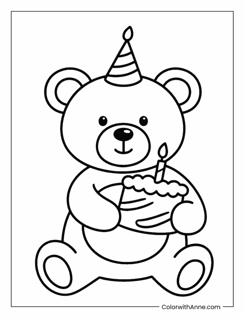 Teddy Bear Celebrating Birthday Coloring Page