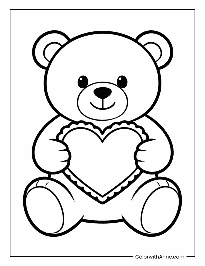 Teddy Bear Holding a Frilled Heart Coloring Page