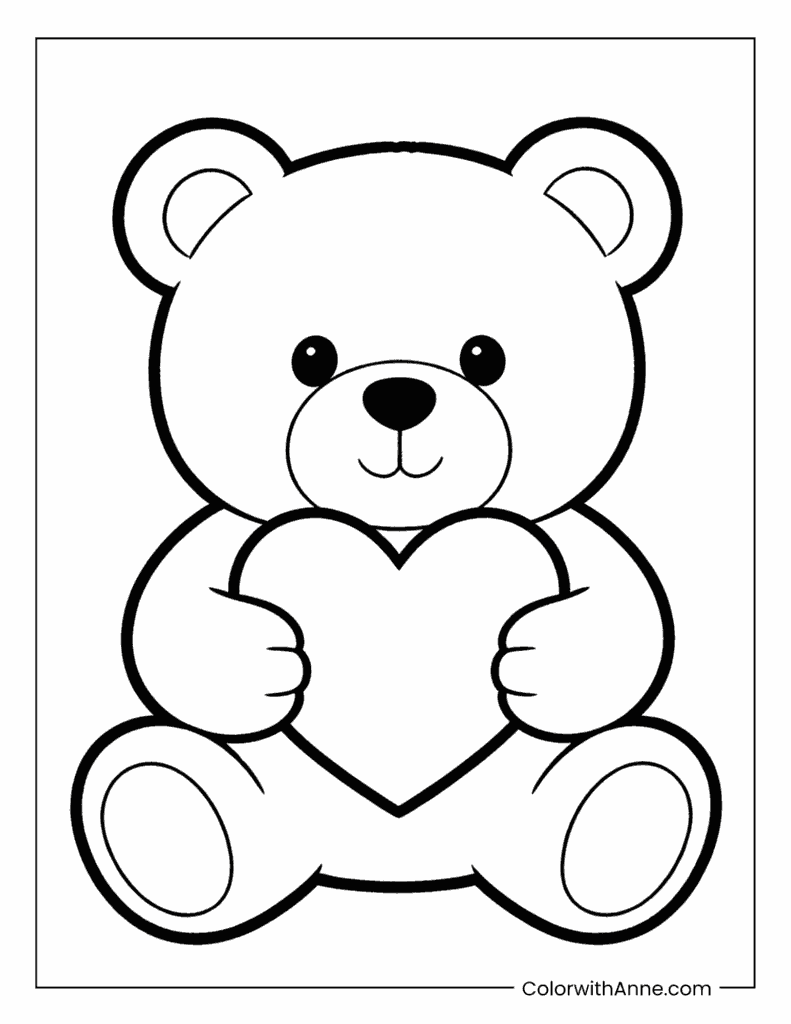 Teddy Bear Holding a Heart Valentine's Day Coloring Page