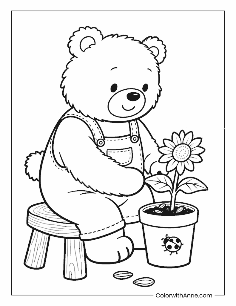 Teddy Bear Planting Sunflowers Coloring Page