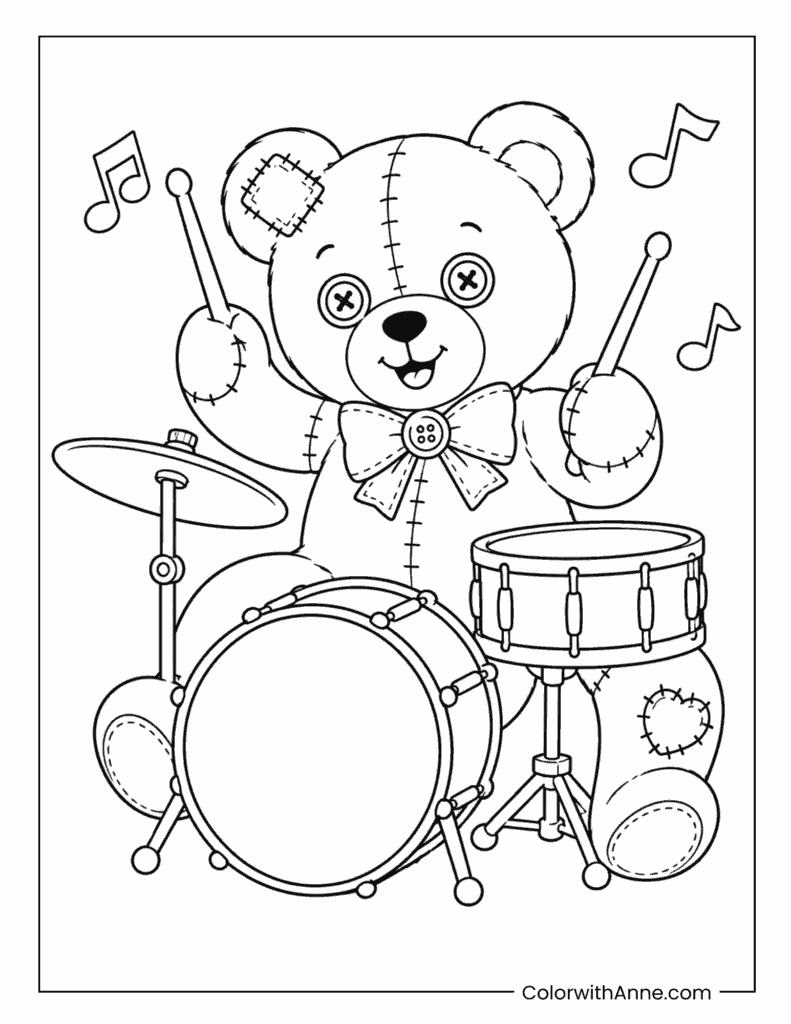 Teddy Bear Playing the Drums Coloring Page