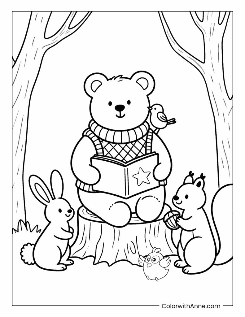 Teddy Bear Reading a Book Aloud Coloring Page
