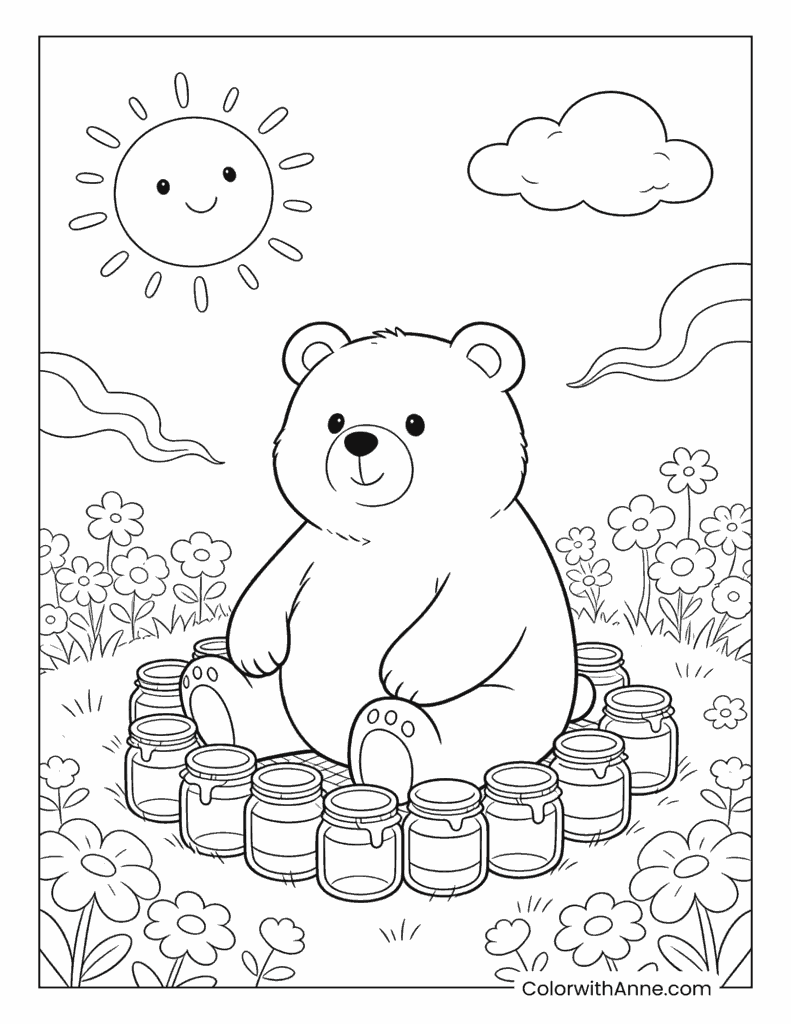 Teddy Bear Surrounded by Honey Jars Coloring Page