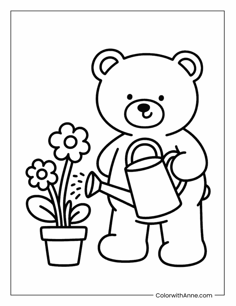 Teddy Bear Watering Flowers Spring Coloring Page