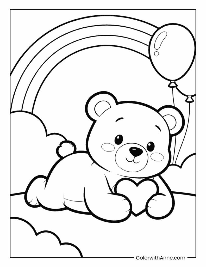 Teddy Bear with a Rainbow and Balloons Coloring Page