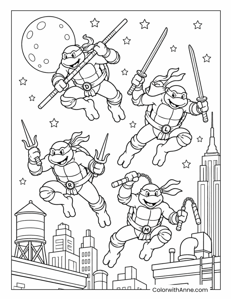 Teenage Mutant Ninja Turtles (TMNT) Rooftop Adventure Coloring Page