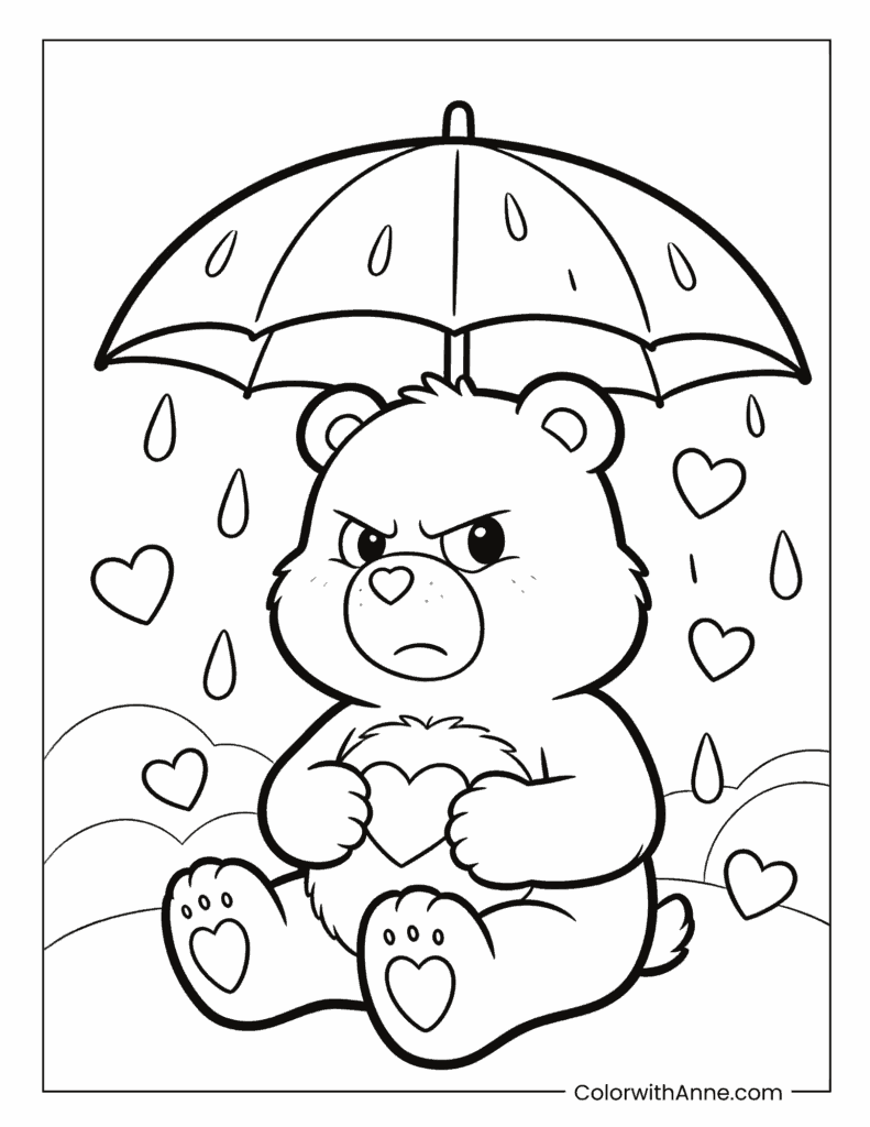 Tenderheart Bear Under an Umbrella Coloring Page