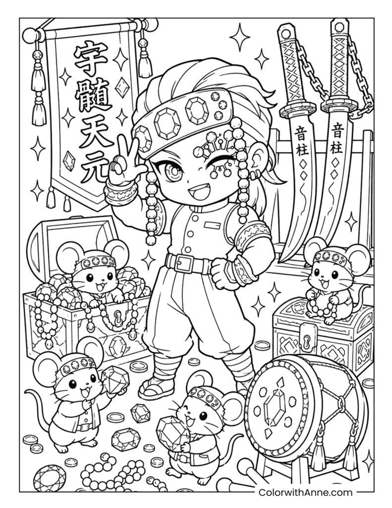 Tengen Uzui Surrounded by Treasure and Ninja Mice Coloring Page