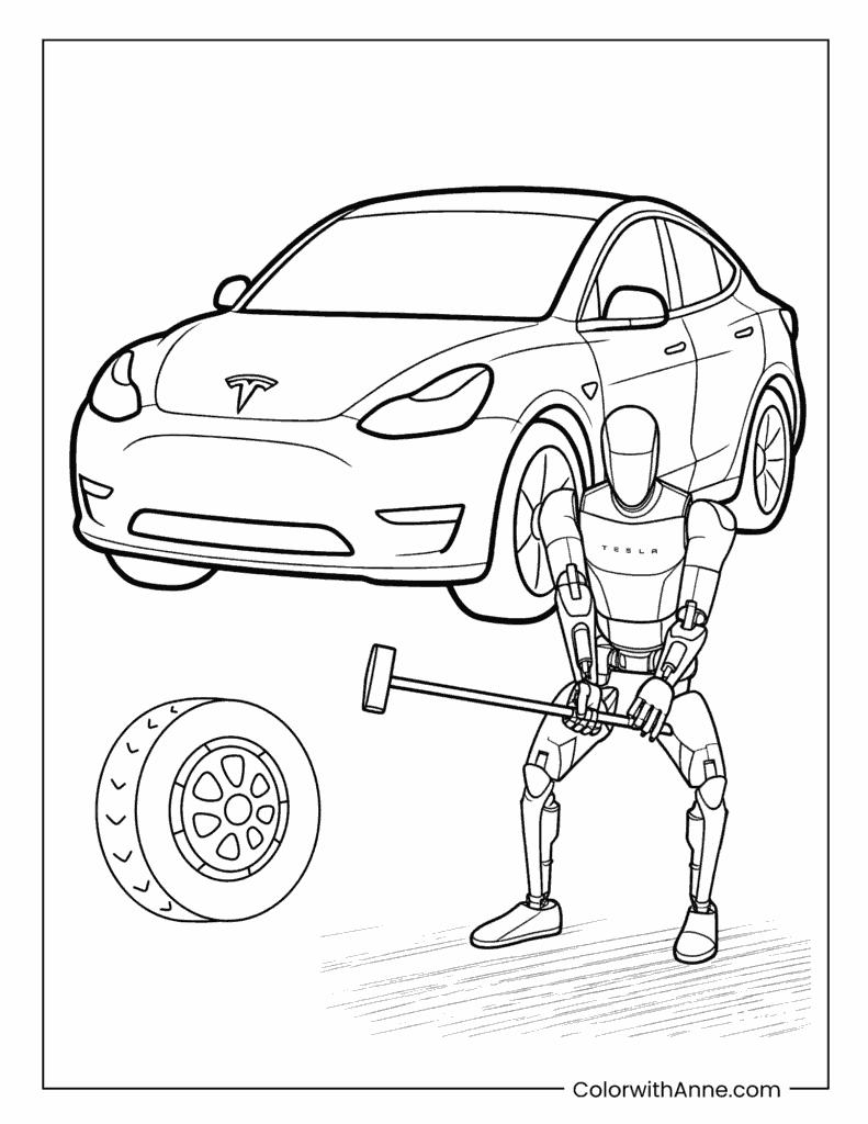 Tesla Bot Optimus in Front of a Car Coloring Page