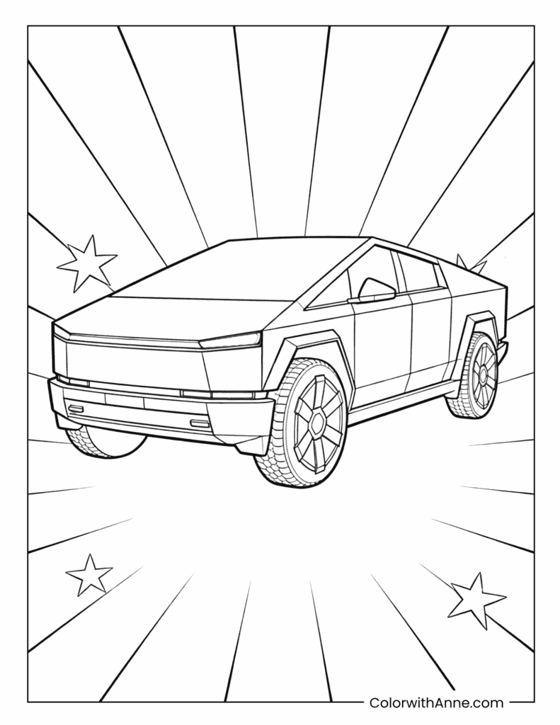 Tesla Cybertruck with Dynamic Lines and Stars Coloring Page