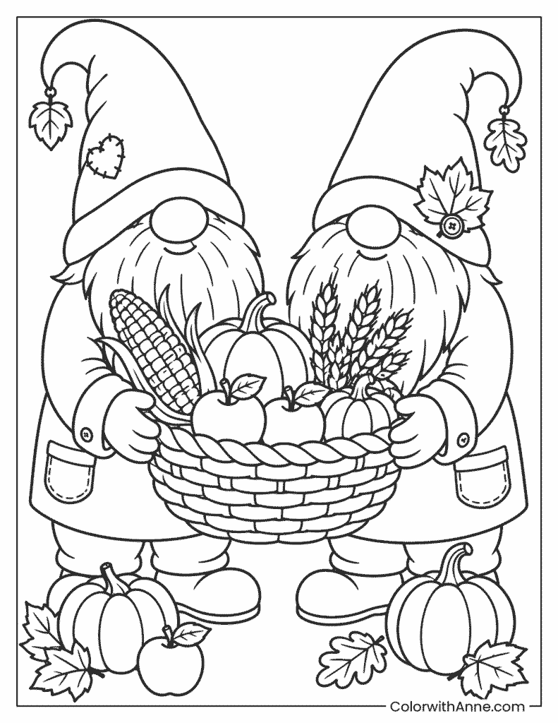 Thanksgiving Gnomes Sharing a Harvest Coloring Page