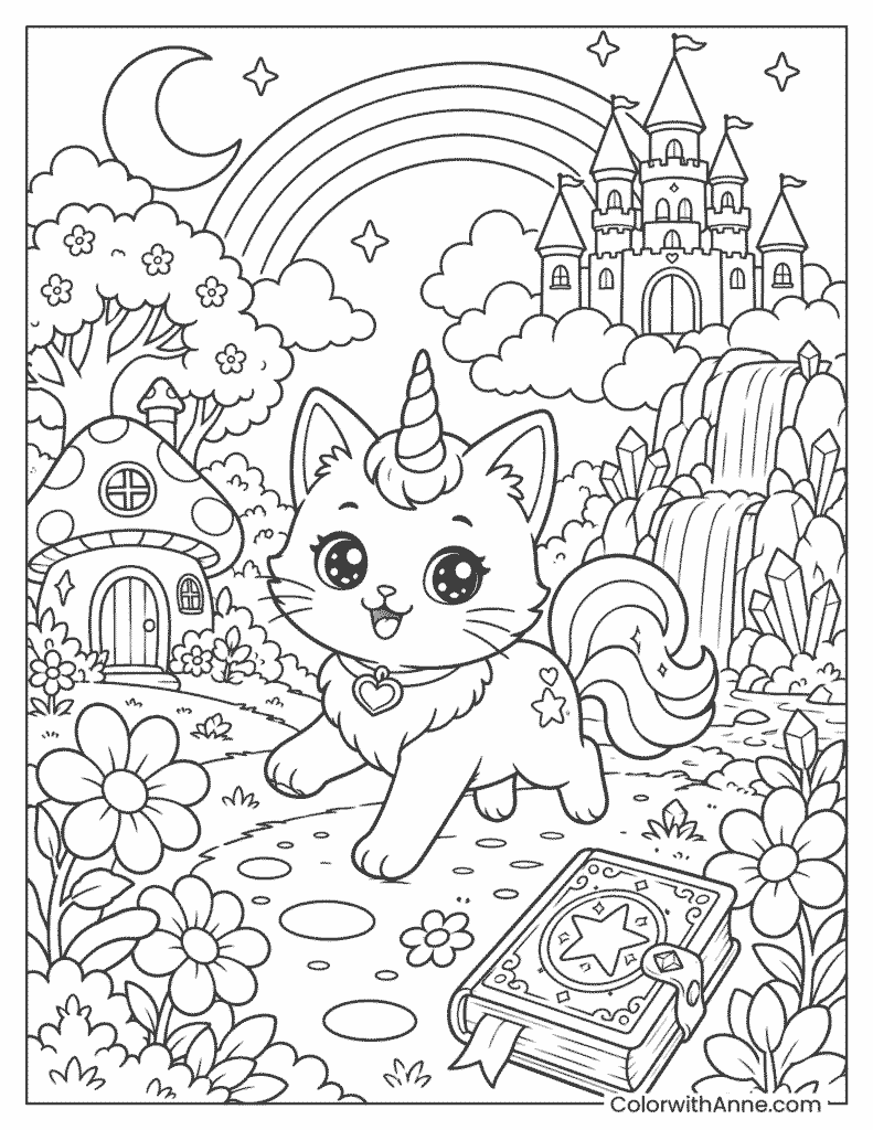 The Magical Unicorn Cat Kingdom Coloring Page
