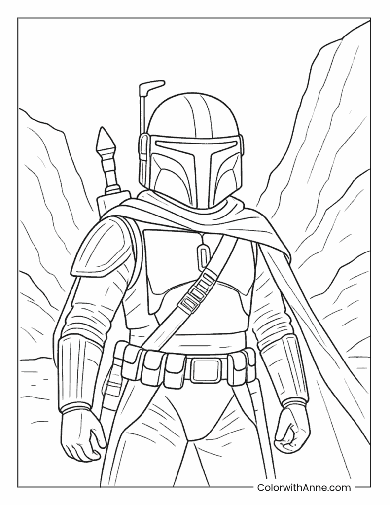 The Mandalorian Standing in Rocky Canyon Coloring Page