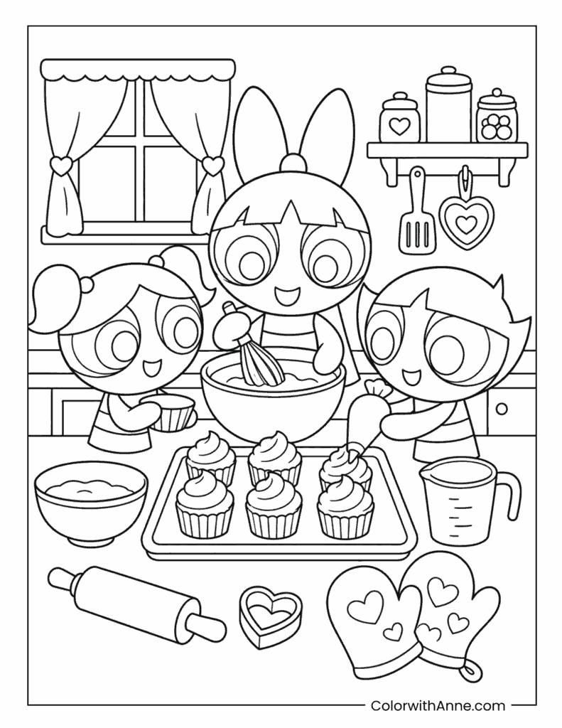 The Powerpuff Girls Baking and Decorating Cupcakes Together Coloring Page