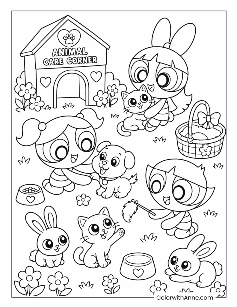The Powerpuff Girls Caring for Pets at the Animal Care Corner Coloring Page