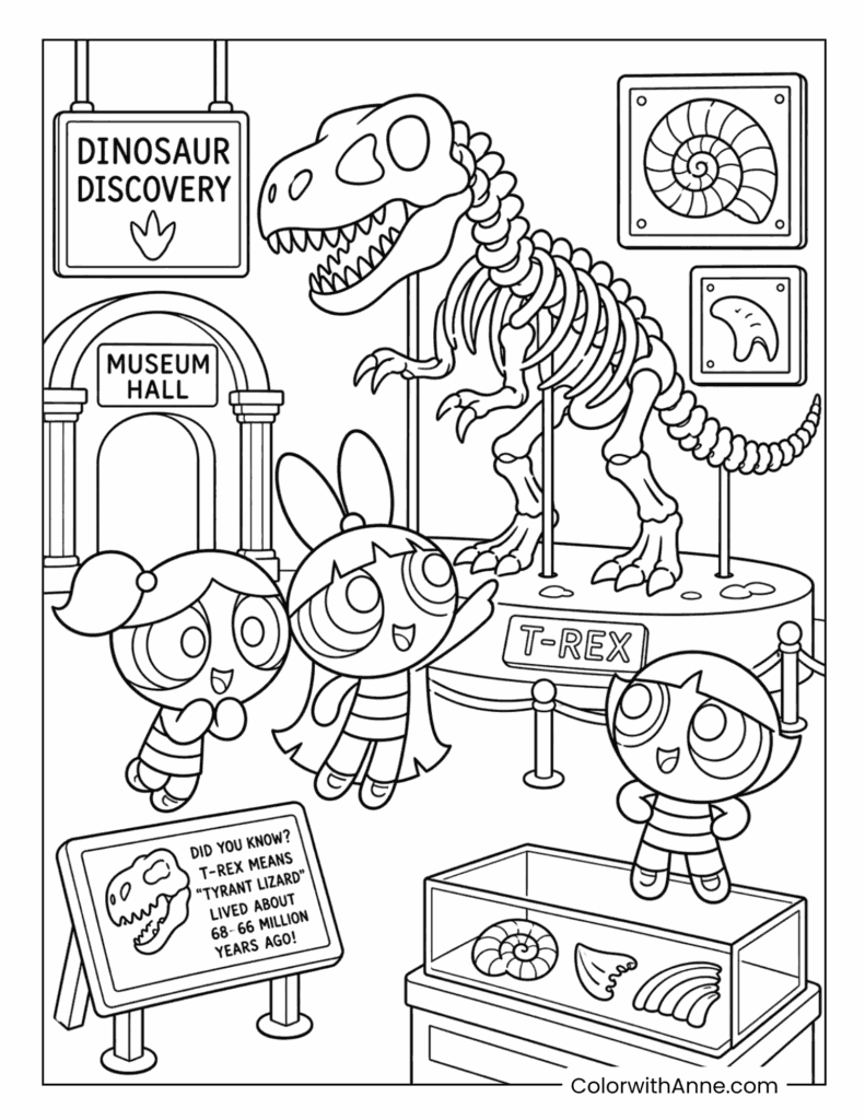 The Powerpuff Girls Exploring a T-Rex Dinosaur Museum Exhibit Coloring Page