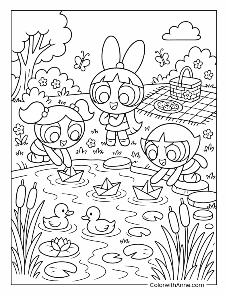 The Powerpuff Girls Floating Paper Boats at the Park Pond Coloring Page