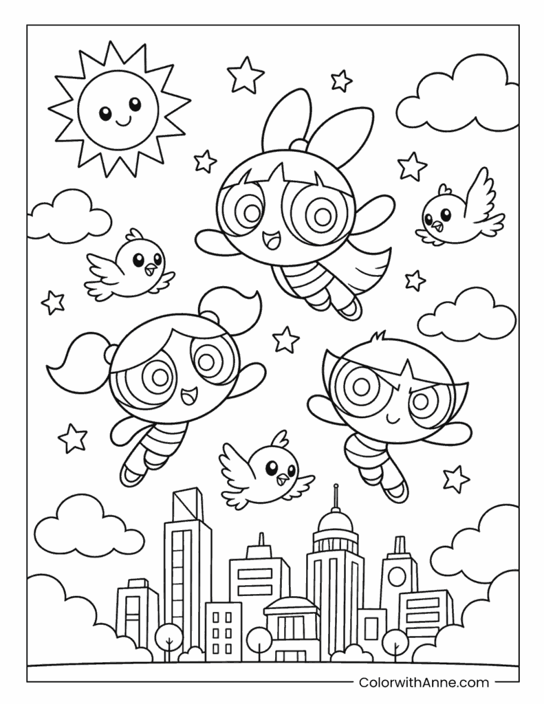 The Powerpuff Girls Flying Above Townsville with Little Birds Coloring Page