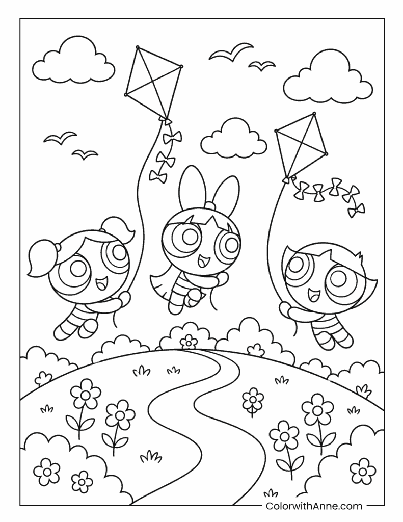 The Powerpuff Girls Flying Kites on a Breezy Day Coloring Page