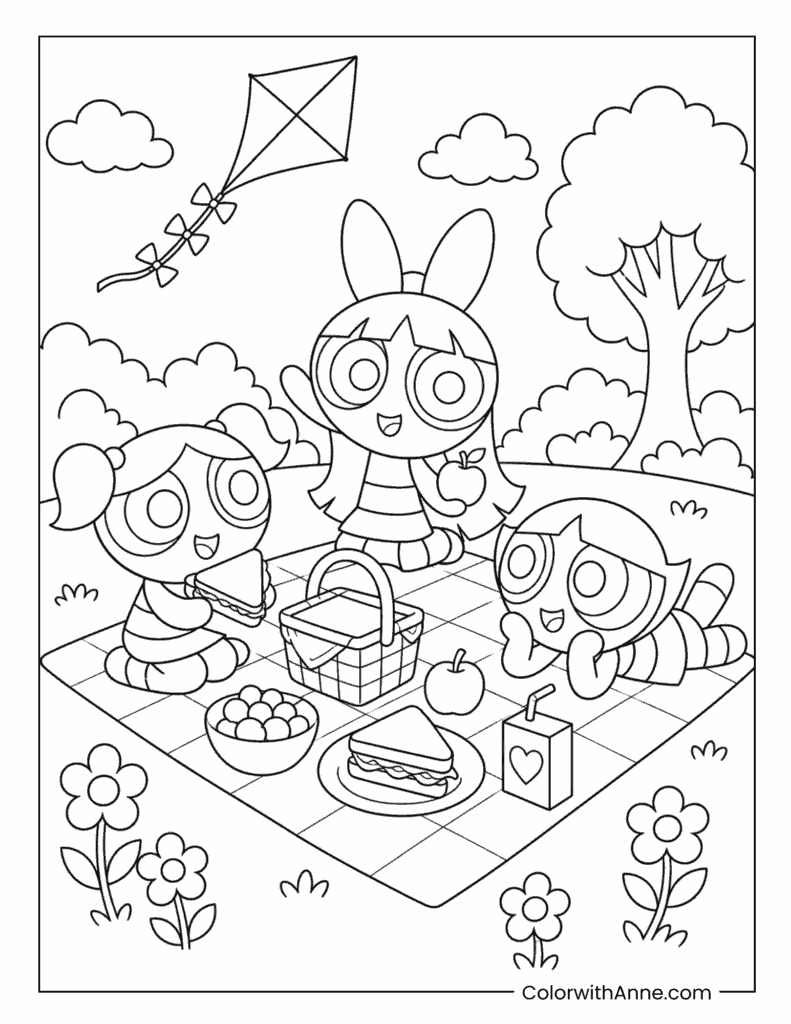 The Powerpuff Girls Having a Picnic and Flying a Kite Coloring Page