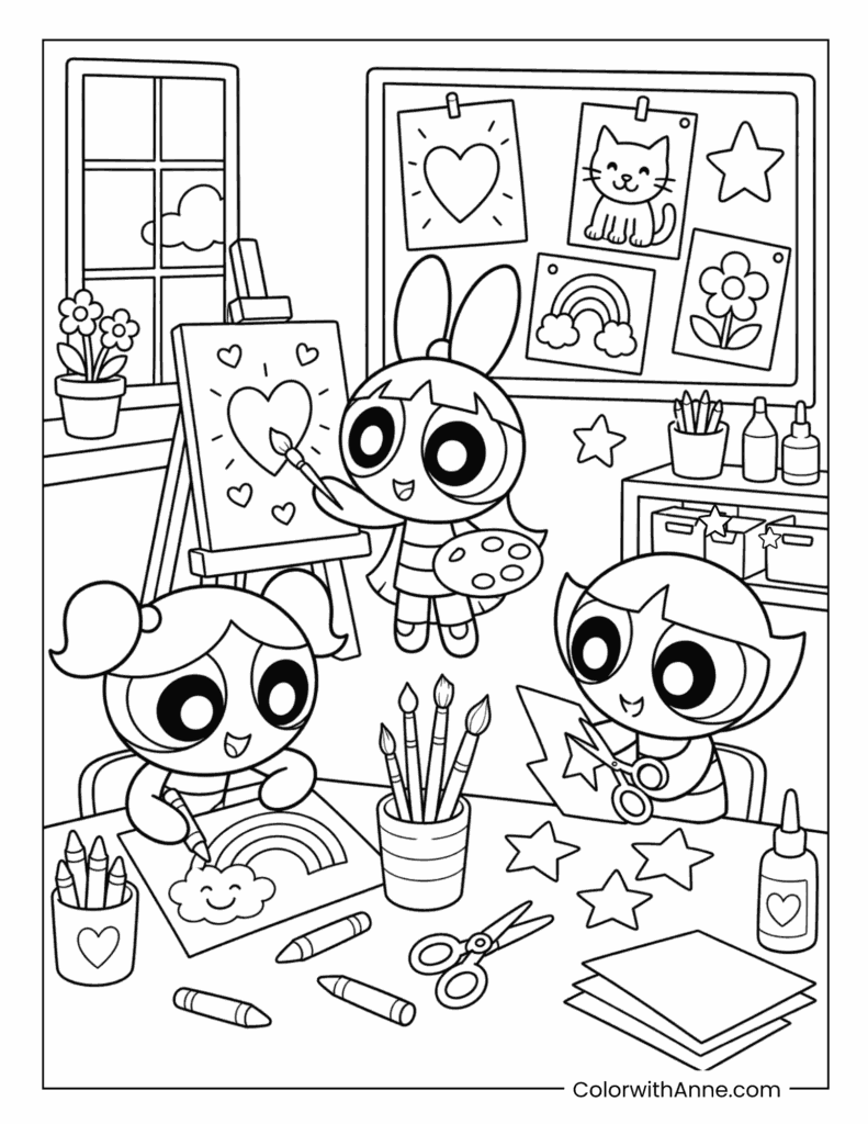 The Powerpuff Girls Making Arts and Crafts in the Classroom Coloring Page