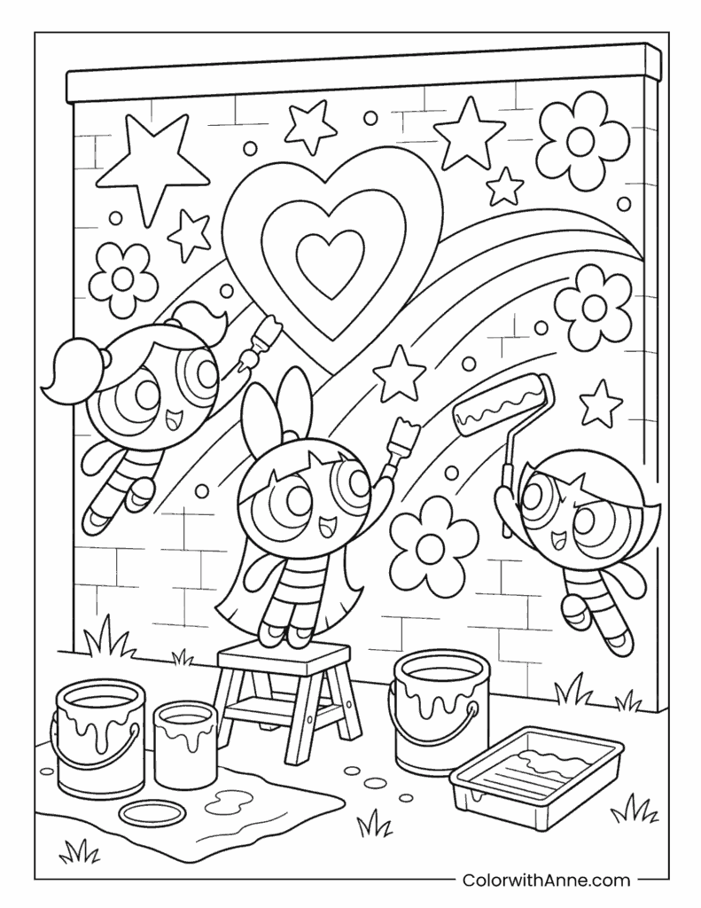 The Powerpuff Girls Painting a Colorful Heart and Rainbow Mural Coloring Page