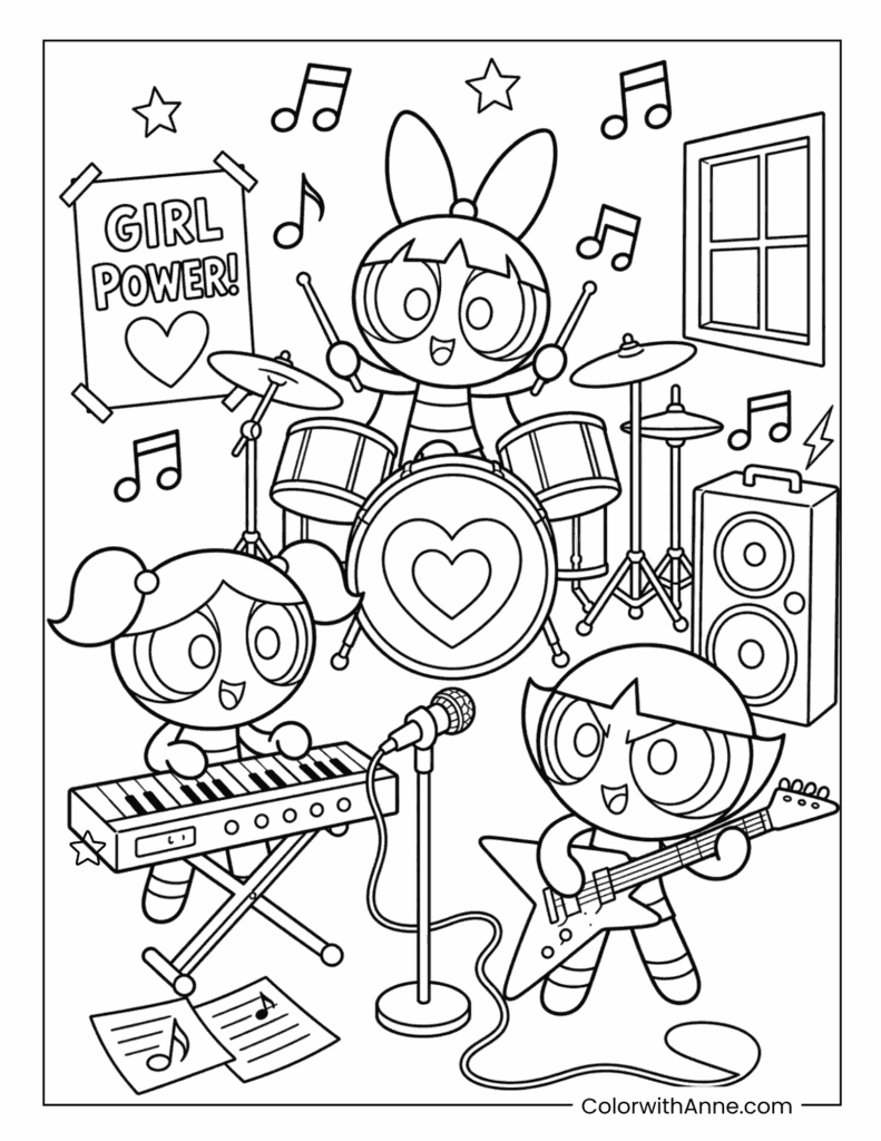 The Powerpuff Girls Performing in a Girl Power Band Coloring Page