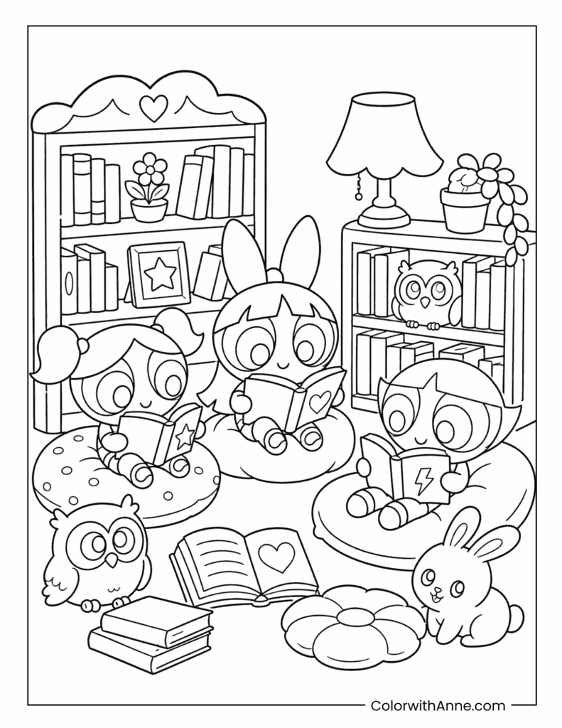 The Powerpuff Girls Reading Books in a Cozy Library Coloring Page