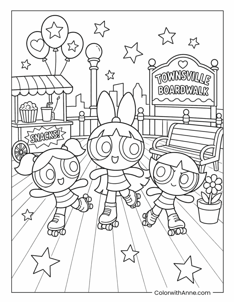 The Powerpuff Girls Roller Skating at the Townsville Boardwalk Coloring Page