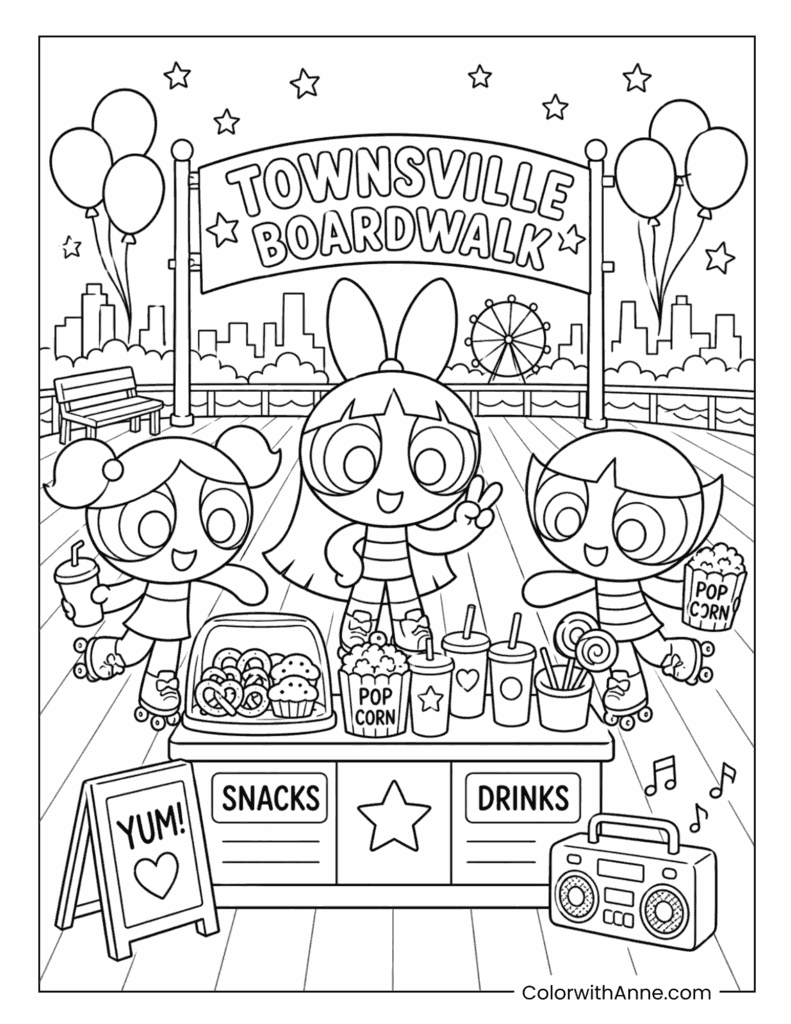 The Powerpuff Girls Running a Boardwalk Snacks and Drinks Stand Coloring Page