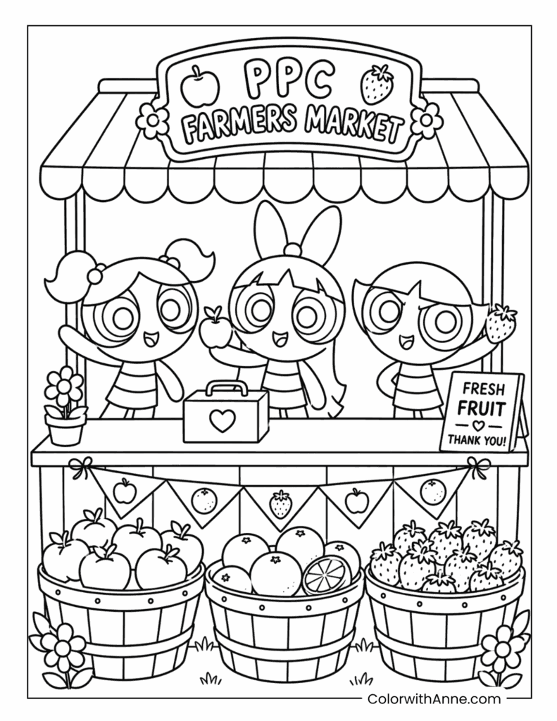 The Powerpuff Girls Selling Fresh Fruit at the Farmers Market Coloring Page