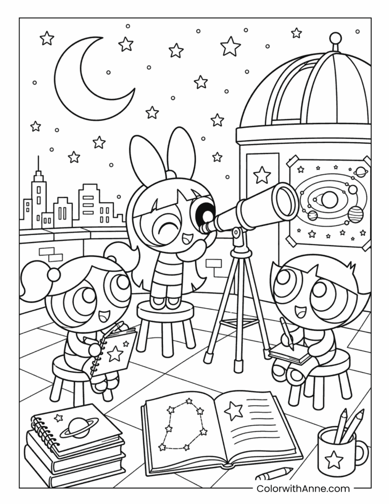 The Powerpuff Girls Stargazing with a Telescope at the Observatory Coloring Page
